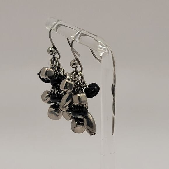 Dangle Drop Earrings Cha Cha Silver Tone Black Metal Acrylic Beads Pierced Hooks - Picture 3 of 6